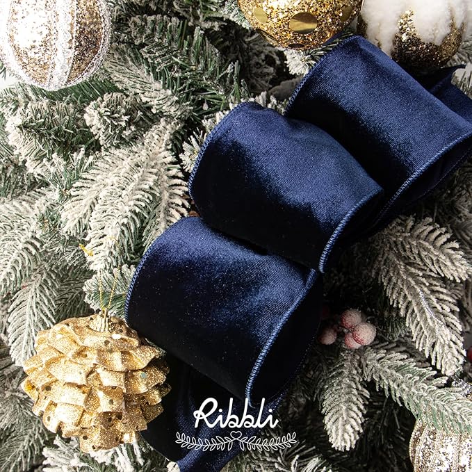 Ribbli Navy Velvet Wired Ribbon 4 Inch Velvet with Satin Christmas Ribbon for Gift Wrapping Christmas Tree Decoration Crafts Wreaths Supplies-Continuous 10 Yards
