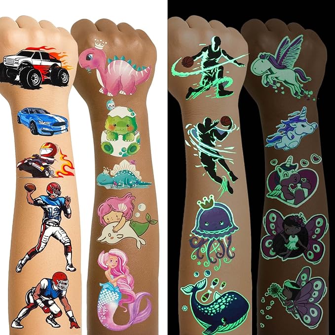 350+ Themed Designs Temporary Tattoos for Kids - Individually Wrapped, Glow in the Dark, Waterproof Fake Tattoos - Multiple Themes: Mermaid, Dinosaur, Unicorn, Baseball, Princess, Soccer, Ocean, Fairy