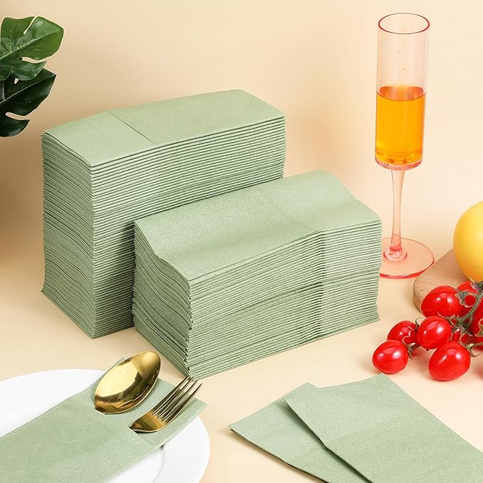 120 Pcs Sage Green Linen Feel Napkins with Pocket, 2 Ply Sage Green Wedding Napkins, Decorative Dinner Napkin Paper, Prefolded Paper Disposable Airlaid Guest Hand Towel (16 x 16 inch)