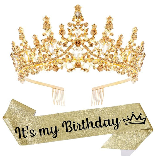 VELSCRUN Gold Crystal Birthday Tiara Crowns for Women Girls It's My Birthday Sash Queen Girls Princess Crown with Combs Happy Birth Party Decorations Mom Sisters Birth Gift Hair Accessories