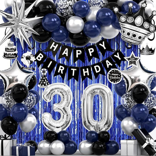 30th Birthday Decorations for Men and Women, Black Blue Silver Happy Birthday Number 30 Balloons, Banner, Fringe Curtains Garland Kit - 30 Year Old Party Supplies