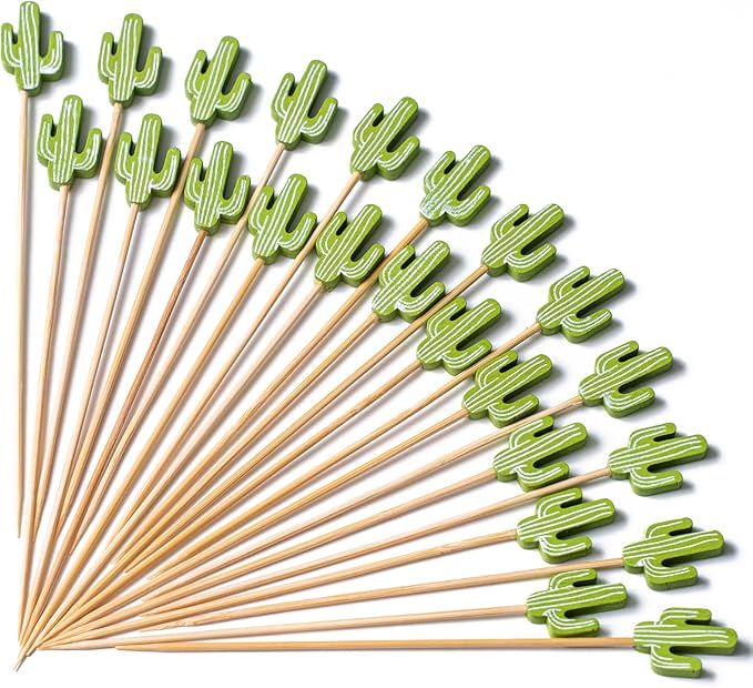 PuTwo Cocktail Picks Handmade Bamboo Toothpicks 100pcs 4.7” in Green Cacti