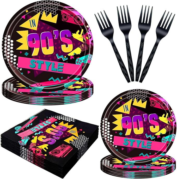 96 PCS Back to the 90s Party Decorations Supplies, Birthday Party Tableware Set 90s Party Dessert Plates Napkins Forks for 24 Guests 80s Favors
