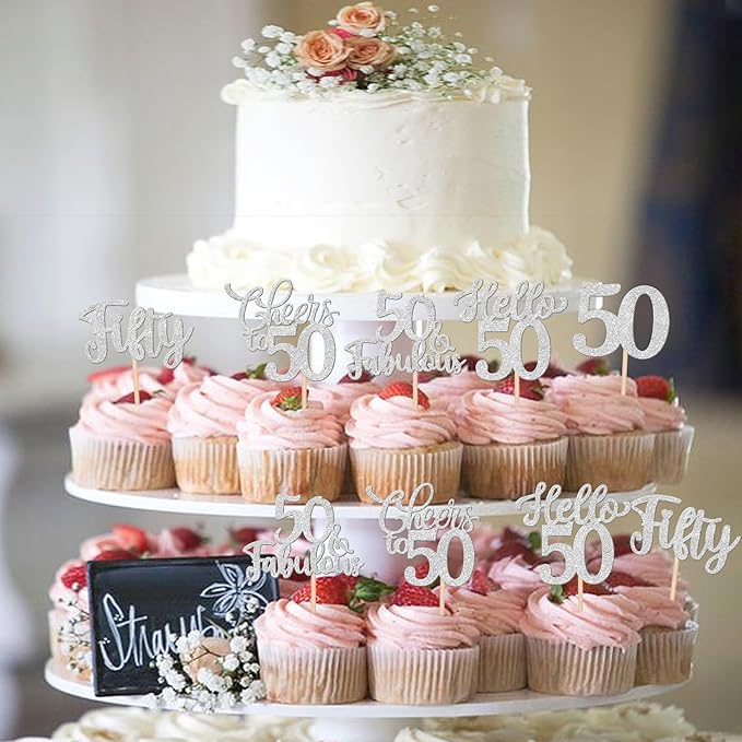 30PCS Happy 50th Birthday Cupcake Toppers Glitter Hello 50 Fabulous Fifty Cheers to 50 Years Old Birthday Cupcake Picks for Happy 50th Birthday Anniversary Party Cake Decorations Supplies Silver