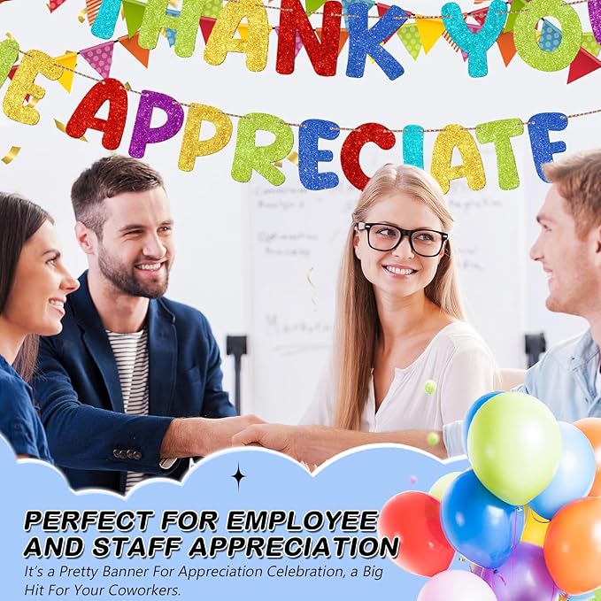 Fulmoon Pre Strung Thank You We Appreciate You Glitter Banner Funny Appreciation Banner for Employee Coworker Staff Teacher Thank Sign Party Decorations(Colorful)