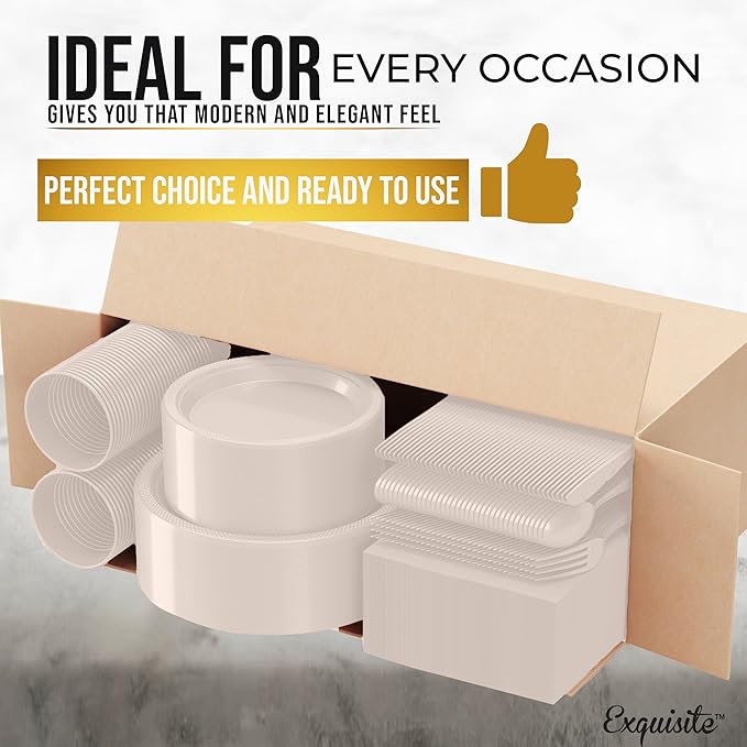 Party Solids 350 Pieces Ivory Plastic Plates For Party, Ivory Disposable Plates Set, 50 Of Each 9" Dinner Plate Set, 7" Dessert Plate, Cups, Napkins & Cutlery Plastic Dinnerware
