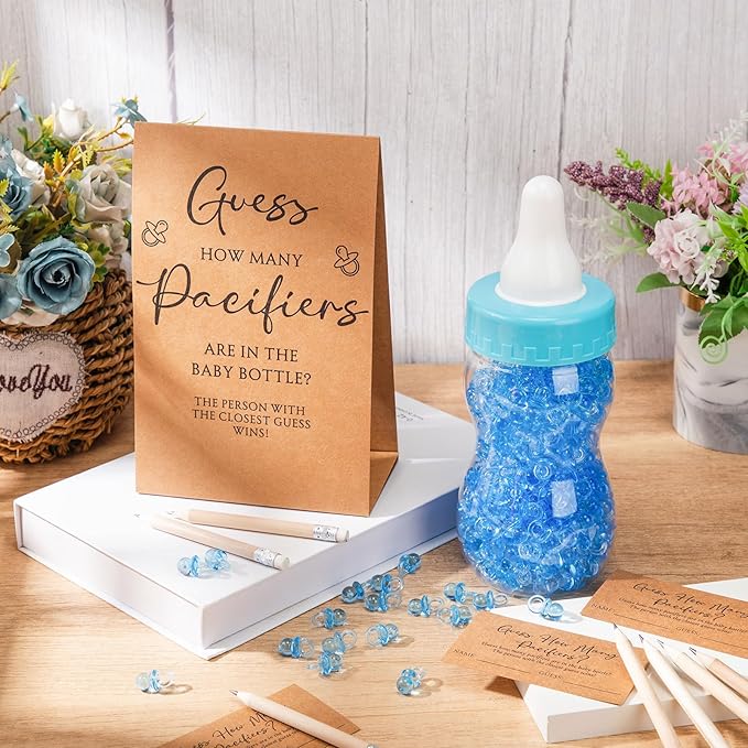 Roowest 512 Pcs Baby Shower Games Guess How Many Pacifiers Sign 100 Small Guessing Games 10 HB Pencils 750ml Milk Bottle 400 Acrylic Pacifiers Decoration for Guest Gender Reveal