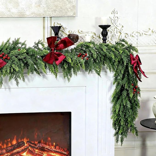 9ft Christmas Garland with Lights,Lighted Cedar Garland for Mantle,Prelit Real Touch Artificial Green Christmas Winter Garland with Large Burgundy Velvet Bow for Indoor Outdoor Decor