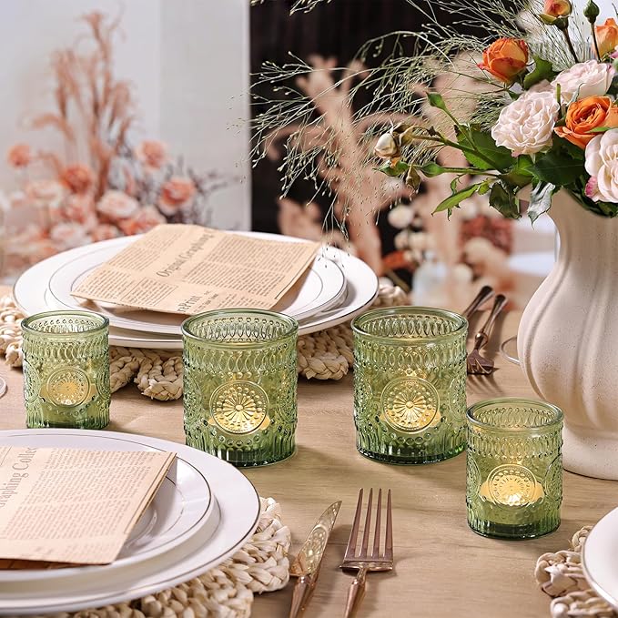 Volens 20pcs Assorted Green Votive Candle Holders Bulk, Large Glass Votive & Tea Light Candle Holder for Wedding Table Centerpieces, Green Party Decorations, and Home Decor