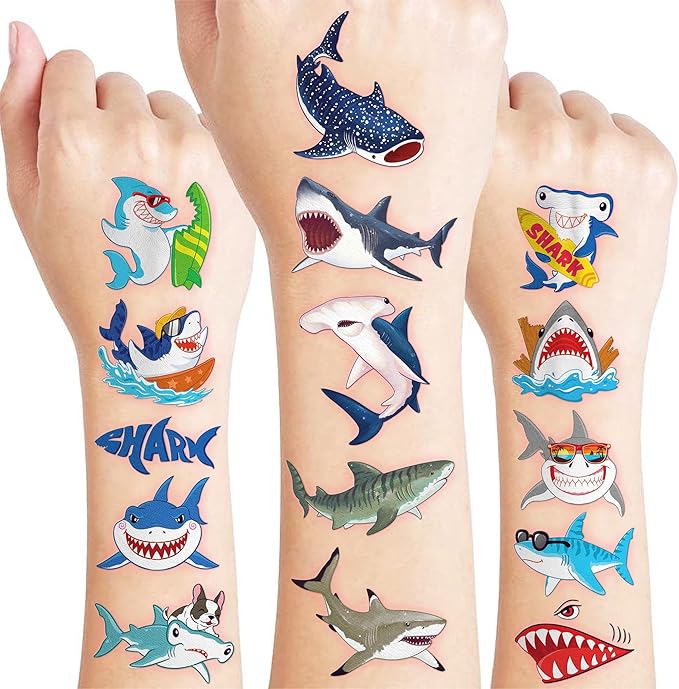 96 PCS Shark Pre-Cut Temporary Tattoos for Kids | Super Cute Shark Themed Birthday Party Favors, Supplies, Decorations, Cute Ocean Animal Tattoo Stickers, School Rewards Prizes & Gifts for Boys Girls