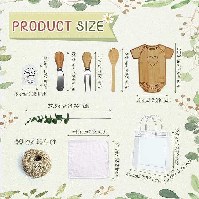 AZEAM 55Pcs Baby Shower Prizes for Game Winners, Bridal Shower Prizes with 6 Sets Clothes Cheese Board Spoon Fork Butter Knife Towel Card Plastic Bag Branch, Wedding Shower Favors for Guests