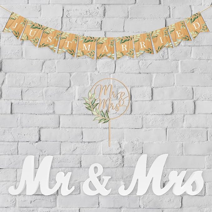 Mr & Mrs Cake Topper & Just Married Banner & Mr Mrs Table Sign Green Wedding Decorations in Wood