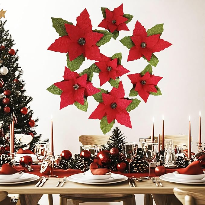 Handmade Poinsettia Christmas Flowers Decoration, Crepe Paper Poinsettia Flower with Clips Christmas Tree Artificial Flower Decorations with Stems for DIY Xmas Wreath Holiday Party Home Wall Decor