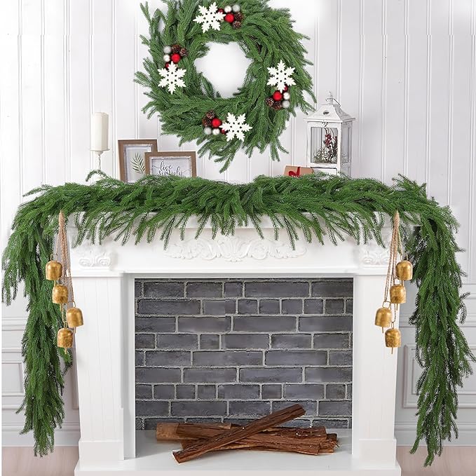 Hananona 4 Pcs 9 Ft Artificial Norfolk Pine Garlands, Real Touch Winter Pine Garland, Green Artificial Greenery Garland for Table, Mantle, Wall, Indoor, Outdoor Christmas Decorations (4, 9 Ft)