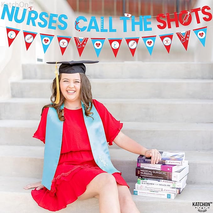 Katchon, Blue and Red Nurses Call The Shots Banner -10 Feet, NO DIY | Nurse Graduation Banner, Nurse Garland for Nurse Graduation Party Decorations | Grad Decorations 2025, nurse Party Supplies