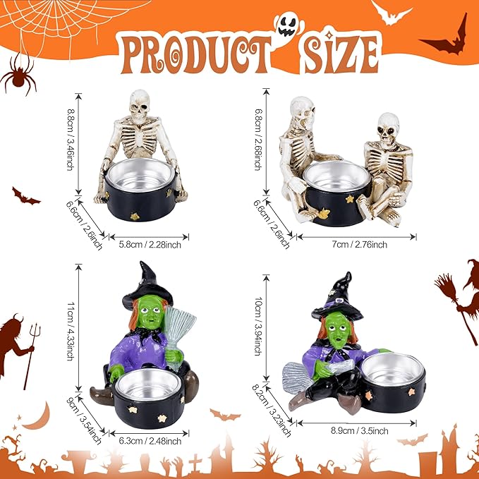Candle Holder Halloween Skull Witch Decoration Candlestick Horror Spooky Decoration for Halloween Themed Home Table Desk Decor,4 Packs