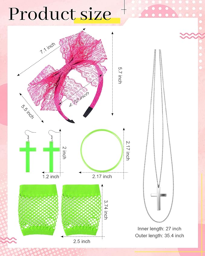 Blulu 80s Accessories for Women Dress Costume Lace Headband Earrings Fishnet Gloves Necklace Bracelet