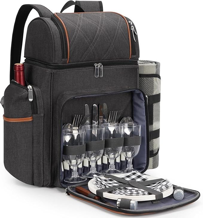 Picnic Backpack for 4, Picnic Basket Set, Leakproof Picnic Bag, Beach Cooler Backpack with Insulated Cooler Wine Pouch,Picnic Blanket, Double Deck Picnic Backpack for Beach,Camping,Park (Brown)