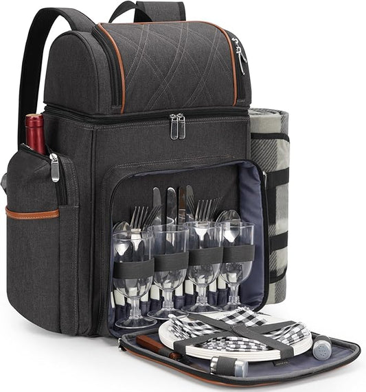 Picnic Backpack for 4, Picnic Basket Set, Leakproof Picnic Bag, Beach Cooler Backpack with Insulated Cooler Wine Pouch,Picnic Blanket, Double Deck Picnic Backpack for Beach,Camping,Park (Brown)