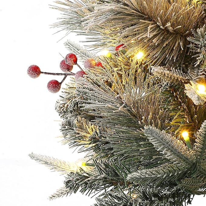GarveeHome 4.5ft Prelit Christmas Trees with 200 Warm Lights & 20 Clusters Red Berry, Artificial Potted Xmas Tree with 8 Light-Modes, Snowflake Base, Holiday Decor, 1 PCS
