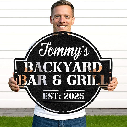Custom BBQ Grill Metal Sign Personalized Name Wall Art for Outdoor Barbecue Patio Kitchen Backyard Decor Gift for Dad Husband Men Papa Grandpa Father Grilling Enthusiasts Family Lover Funny Gifts 34