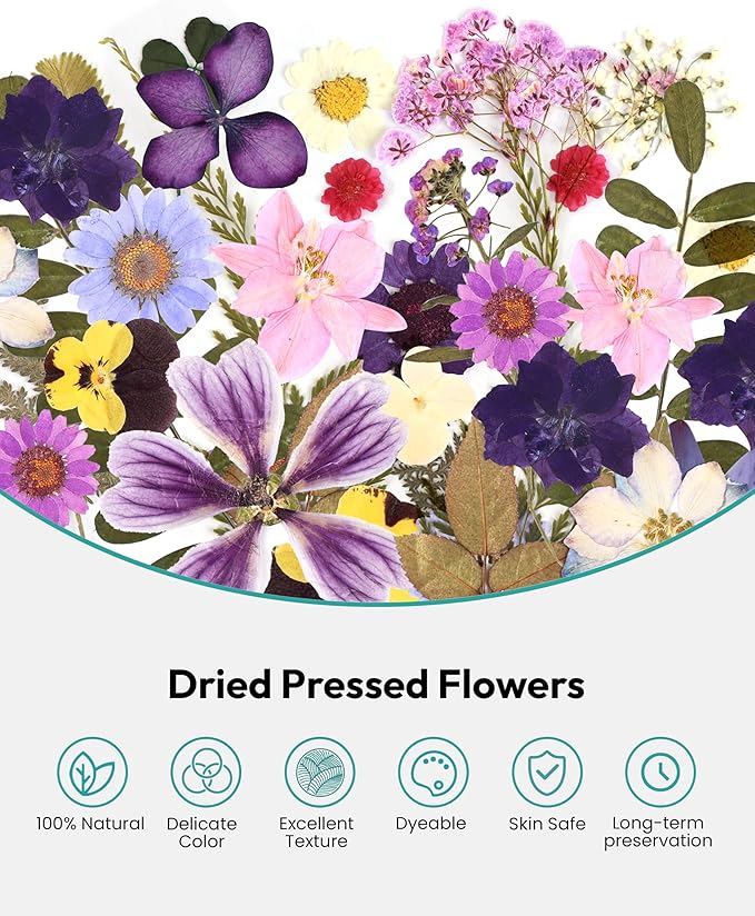 Pressed Flowers, Resiners Dried Pressed Flowers for Scrapbooking Supplies Pressed Flowers Dry Leaves Bulk Natural Herbs Kit for Scrapbooking Resin DIY Art Crafts Making (Purple 174pcs)