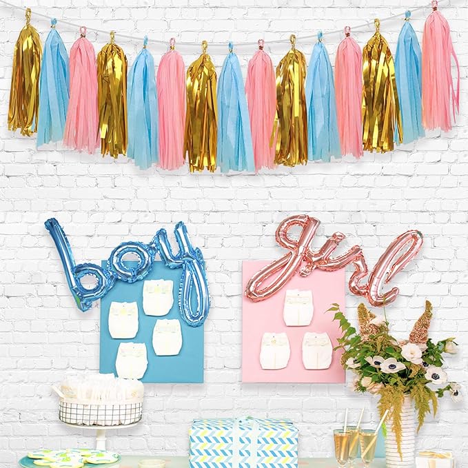 Baby Gender Reveal Decorations - Glitter Letters Baby and Boy or Girl with Hearts Banner, Tissue Paper Tassels Garland Set for Gender Reveal Party Decorations