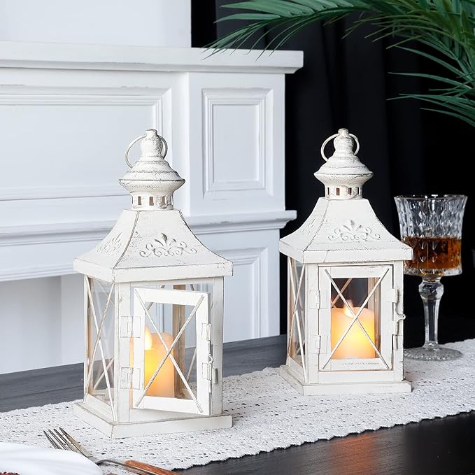 TRIROCKS Set of 2 Decorative Candle Lantern 11'' High Metal Candle Holder Hanging Lantern Perfect for Home Decor Halloween Living Room Parties Events Tabletop Indoors Outdoors (White with Gold Brush)