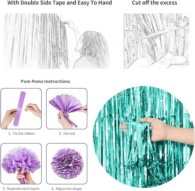 Mermaid Birthday Decorations Purple Teal Blue Party Balloons Happy Birthday Banner Dots Garland Purple Turquoise Green Fringe Curtain Pompom Swirls for Girl Women Baby Shower Party Decoration