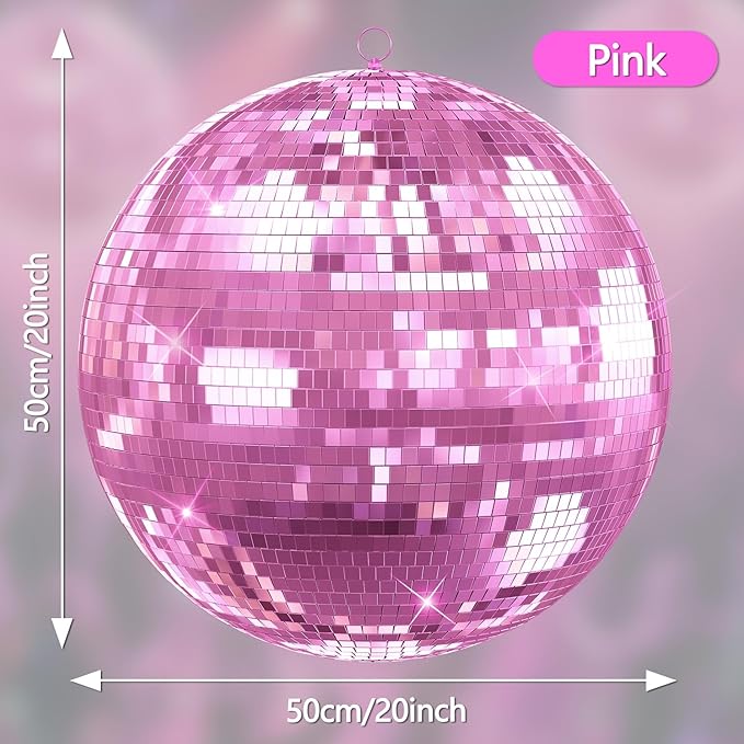 Mirror Disco Ball with Hanging Ring | 12"/16"/20" Mirror Disco Ball for DJ Club,Party,Wedding,Home Decor | Shiny,Easy Installation | with Hanging Ring | Golden, Pink 16inch Pink