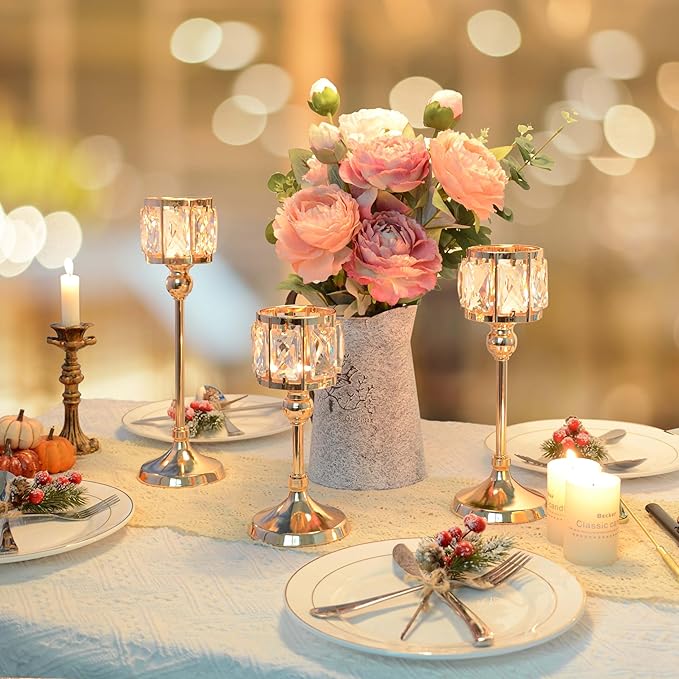 Crystal Tealight Candle Holders Set of 6 (9''/11''/13'') - Elegant Metal & Glass Centerpieces for Stunning Home Decor (Gold)