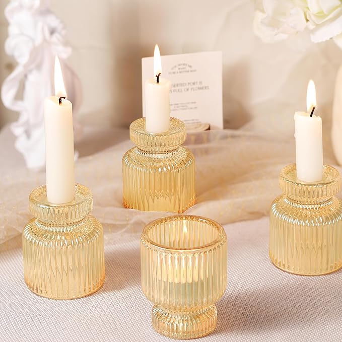 DARJEN 12 Pcs Glass Candlestick Holders- Gold Taper Candlestick Holders Tealight Votive Candle Holders for Table Centerpieces, Wedding, Dinner Party, Home Decor