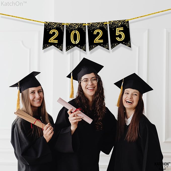 Katchon, Shiny Graduation 2025 Banner - Large 10 Feet, No DIY | Happy Graduation Banner 2025, Grad Decorations Class of 2025 | 2025 Sign, 2025 black gold banner | 2025 grad sign