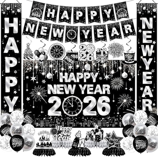 New Years Decorations 2026,Happy New Years Eve Party Supplies Black and Silver Nye Party Decorations With Backdrop Door Banner Hanging Swirls Honeycomb Balloon
