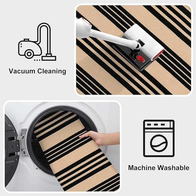 KIMODE Front Door Mats 24"x35", Striped Layered Door Mats Outdoor, Washable Farmhouse Fall Outdoor Porch Decor, Cotton Hand Woven Autumn Rugs for Entryway Kitchen Black and Khaki Thanksgiving