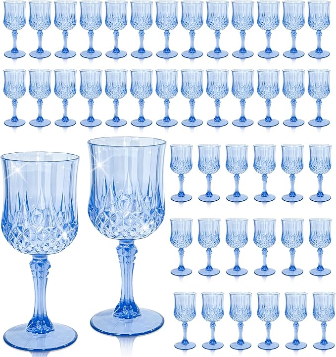 48 PCS Blue Plastic Wine Glasses 7oz, Reusable Drinkware Vintage Plastic Goblets for Parties Baby Shower Wedding Reception Grand Event Party, Blue