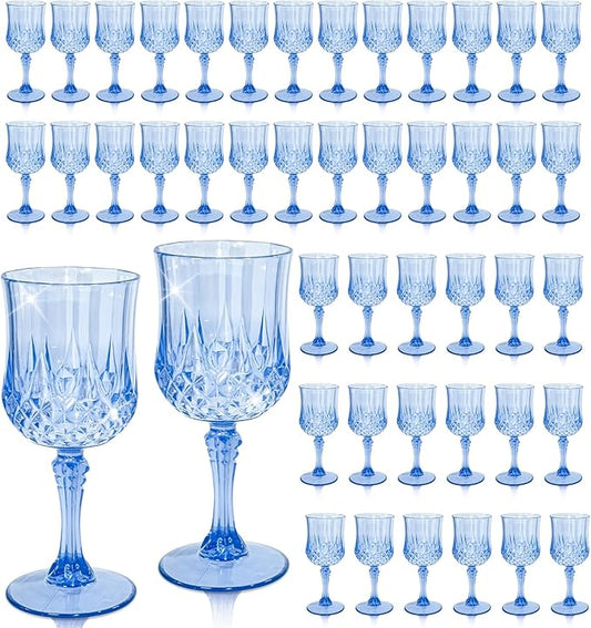 48 PCS Blue Plastic Wine Glasses 7oz, Reusable Drinkware Vintage Plastic Goblets for Parties Baby Shower Wedding Reception Grand Event Party, Blue