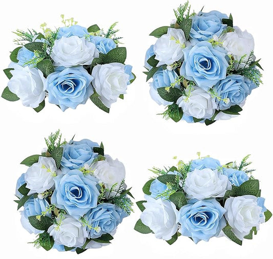 Artificial Flowers Ball 4 Pcs Light Blue White Flowers Wedding Table Centerpiece Table Decorations Flower Arrangement for Table Flowers centerpieces Wedding Flowers Wedding centerpieces