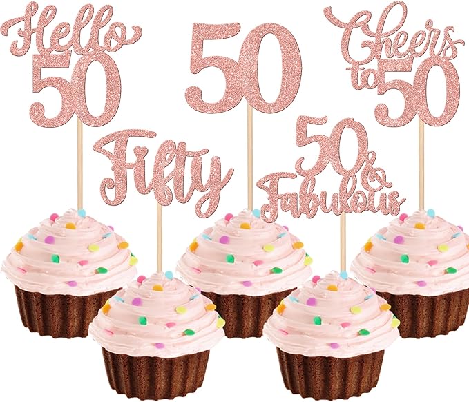 30PCS Happy 50th Birthday Cupcake Toppers Glitter Hello 50 Fabulous Fifty Cheers to 50 Years Old Birthday Cupcake Picks for Happy 50th Birthday Anniversary Party Cake Decorations Supplies Rose Gold