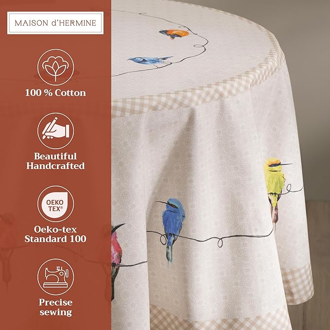 Maison d' Hermine Table Cloth Round Table 100% Cotton 63 Inches Tablecloth Reusable Decorative Everyday Use for Dining Room, Farmhouse, Home, Party, Festive & Wedding Spring Summer - Birdies On Wire