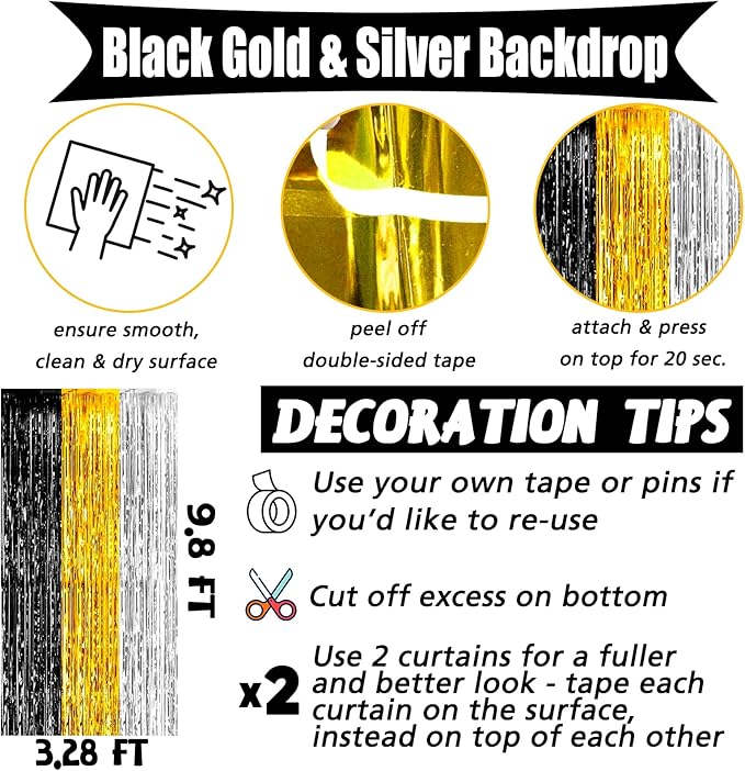 4 Pack 3.2Ft x 9.8Ft Black Gold Silver Fringe Curtain Backdrop, Metallic Tinsel Foil Fringe Streamers Curtains Background for Wedding Notorious One Birthday Roaring 20s Graduation Party Decoration