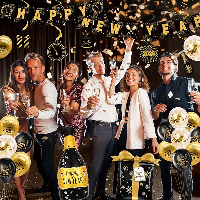New Years Eve Party Supplies 2026-46 PCS Happy New Years Decorations-Party Favors Includes Banner, Backdrop, Balloons, Centerpieces, Hanging Swirls Nye Decorations 2026