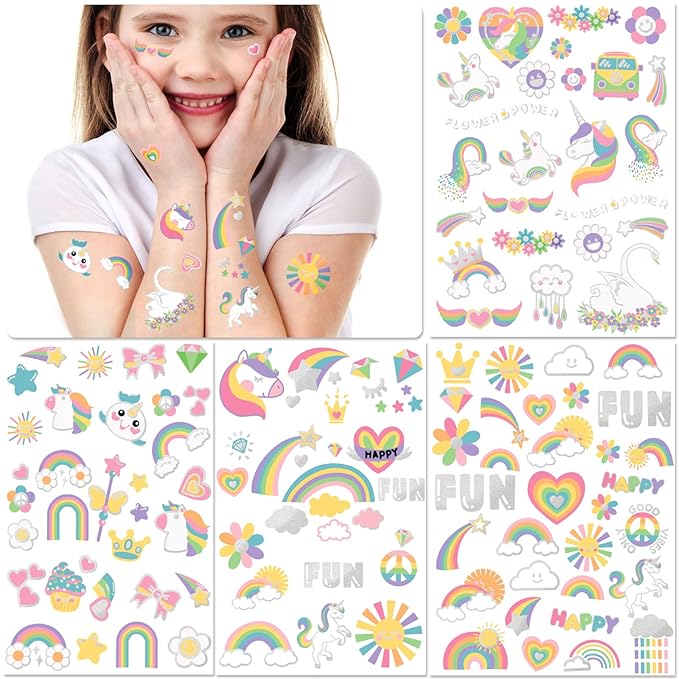 Temporary Tattoo for Kids Unicorn Rainbow Flower Cute-118 Glitter Styles Crown Swan Metallic Waterproof Groovy Fake Tattoos Body Face Tattoos Stickers Birthday Party Favors Decorations for Girls Boys