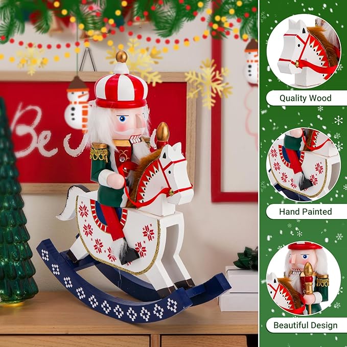 11" Wooden Rocking Horse Soldier Nutcracker, Festive Christmas Decoration, Handcrafted Nutcracker Collectible Christmas Decor for Tabletop, Shelves, and Fireplace Mantel