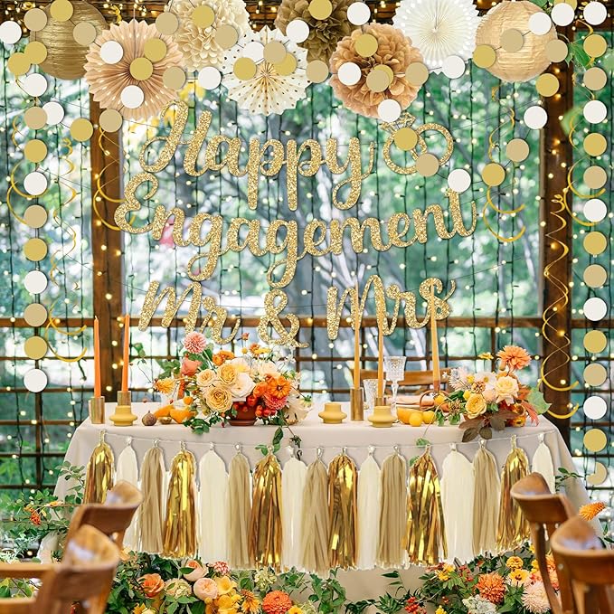 Engagement Party Decorations,Champagne-Gold Sage Congratulations Decorations includes Gold Glitter Happy Engagement Banner for Just Engaged Almost Married Party, Bachelorette Party Decorations