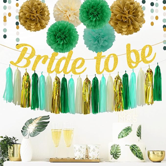 Sage-Green Beige-Gold Bridal Shower Party-Decorations - 31pcs Kits Bride to Be Banner Flags, Tissue Paper Pom Poms Streamers,Bachelorette Tassel Garland Decor Panduola