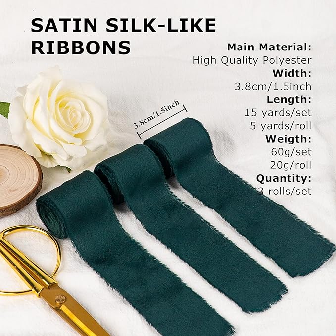 Satin Silk Ribbon, Green Christmas Ribbon for Wrapping, 1-1/2 inch x 15 Yd Handmade Frayed Fringe Ribbons, for Christmas Tree Holiday Birthday Valentine's Day New Years Crafts Bouquet, 3 Rolls