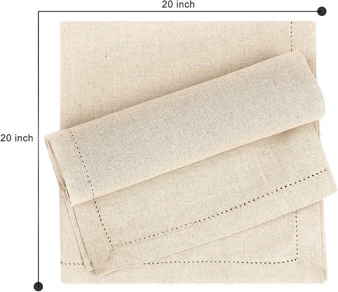 Ruvanti Premium Linen Napkins Set of 12-20x20 Inch, Classic Hemstitch, Mitered Corner Cloth Napkins‎‎ - Soft, Elegant Dinner Napkins Cloth Washable for Weddings, Parties, Everyday Use - Natural