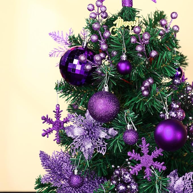Sratte 94 Pcs Christmas Tree Decorations Set, Christmas Tree Ball Ornaments Glitter Poinsettia Flowers Decorations Glitter Berries Stems for Xmas Holiday Wedding(Purple)