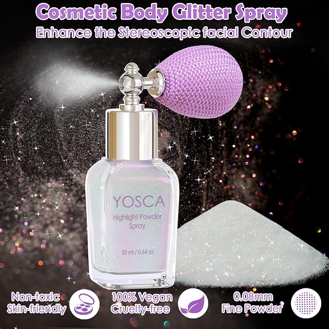 Yosca Body Glitter Spray, 30ML Loose Body Shimmer Powder Iridescent Hair Spray White Glitter Sparkle Highlighter Makeup Mardi Gras Concert Party Rave Accessories for Clothes Hair Face Nail Art